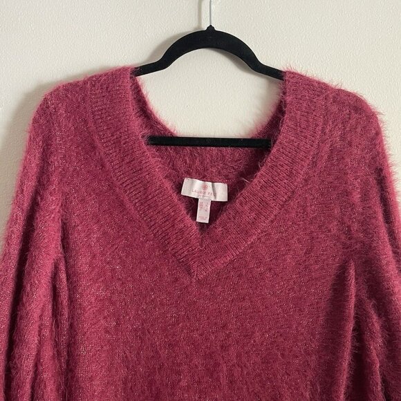 Laurie Felt Wmn L Orchid Berry Red Holiday V-Neck Metallic Eyelash Tunic Sweater - Picture 5 of 10